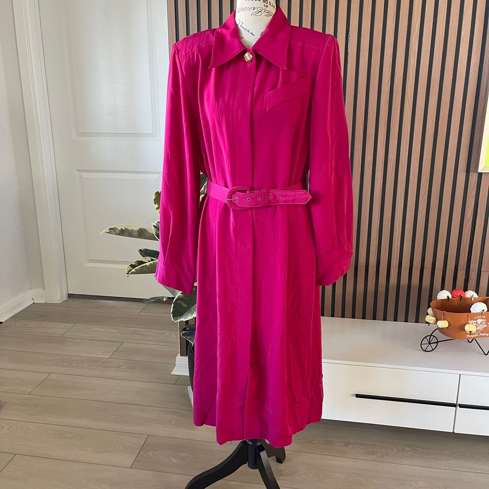 Caron Chicago‎ Vintage 80s Pink Midi Dress Size 12 Long Sleeve Belted